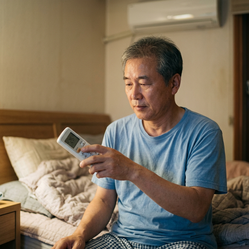 침실에서 에어컨 리모컨을 손에 든 채 취침 온도를 설정하는 중년 성인의 모습