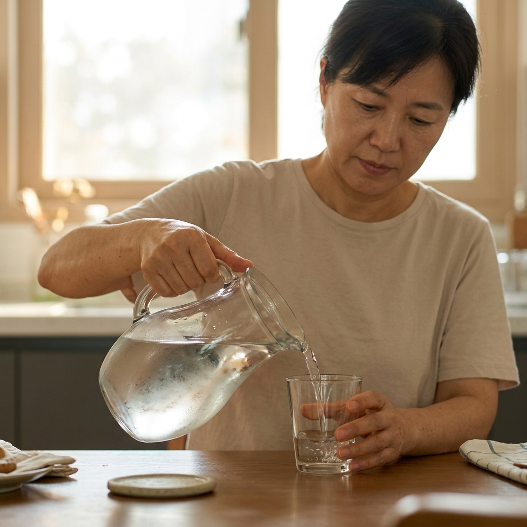 투명한 유리컵에 물을 따르고 있는 손의 모습과 테이블 위 물병