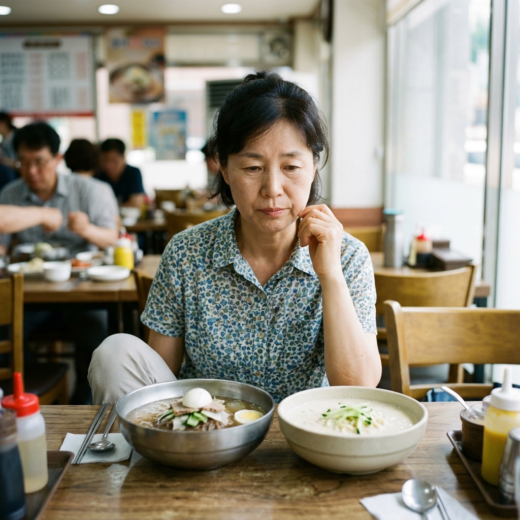 한국인 중년 여성이 실내 식탁에서 물냉면과 콩국수 그릇을 앞에 두고 메뉴를 고민하는 모습, 자연광, 여름철 얇은 반팔 옷차림
