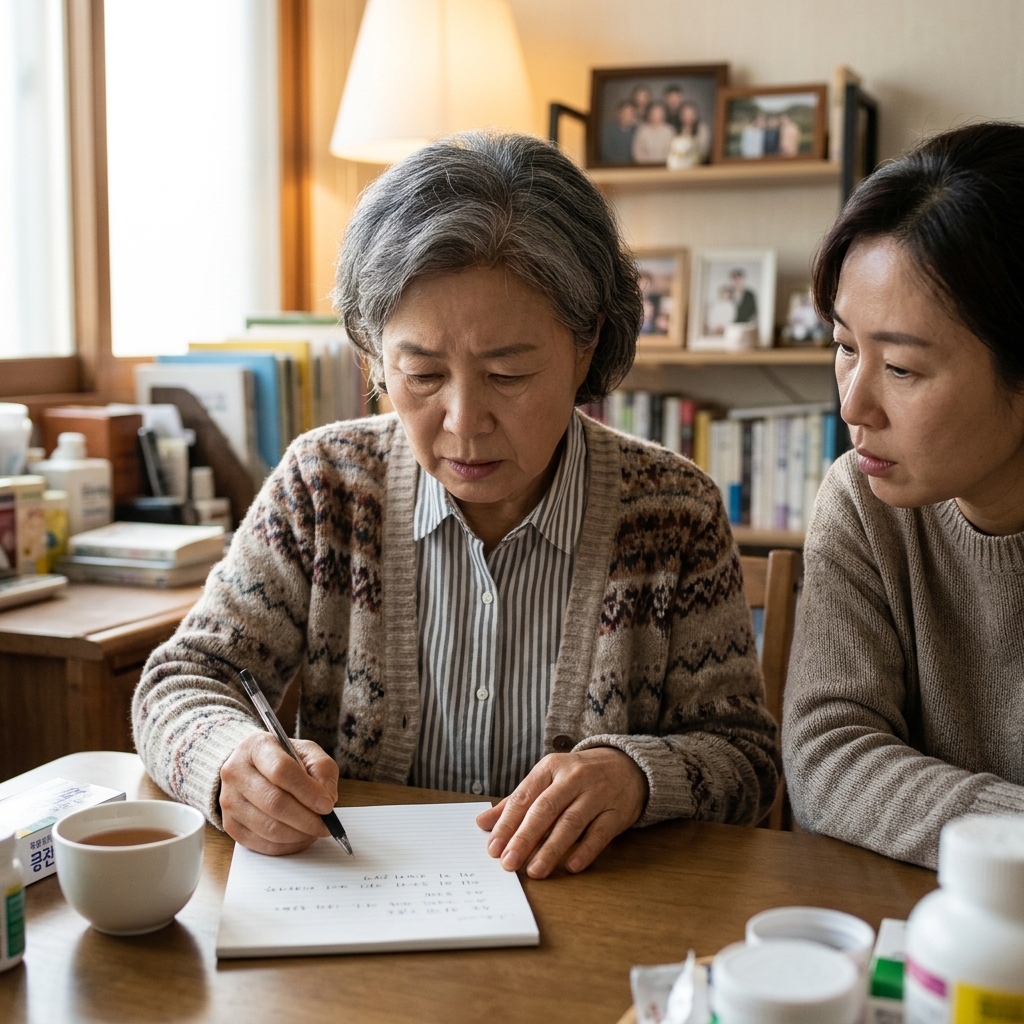 70대 여성이 식탁에서 손으로 메모하려다 멈춘 모습, 딸이 옆에서 관찰하는 장면
