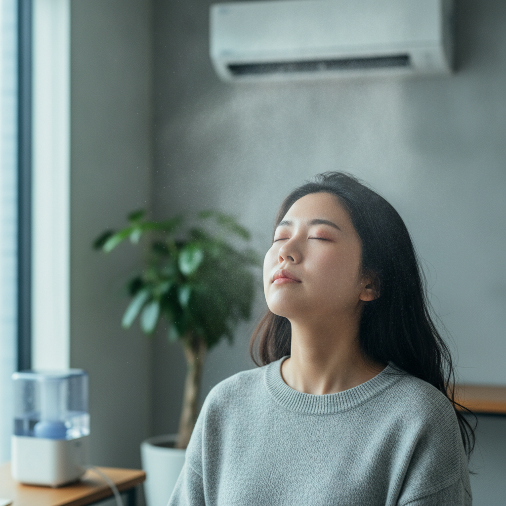실내에서 냉방기 바람을 맞으며 눈을 감고 있는 사람, 건조한 실내 환경과 눈 피로를 나타내는 장면