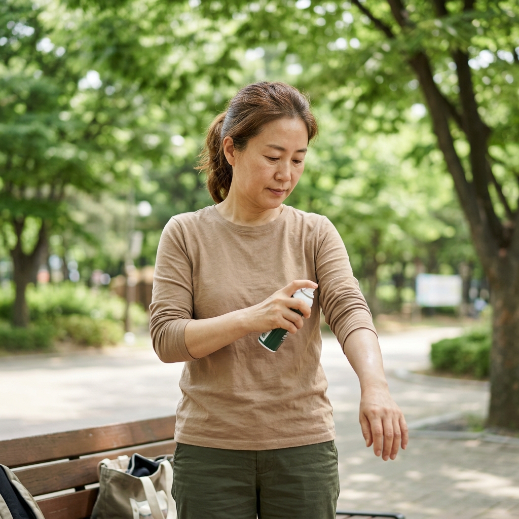 야외 공원에서 긴 소매 옷을 입은 한국인 중년 여성이 팔에 모기 기피제 스프레이를 뿌리는 모습, 자연광, 차분한 분위기