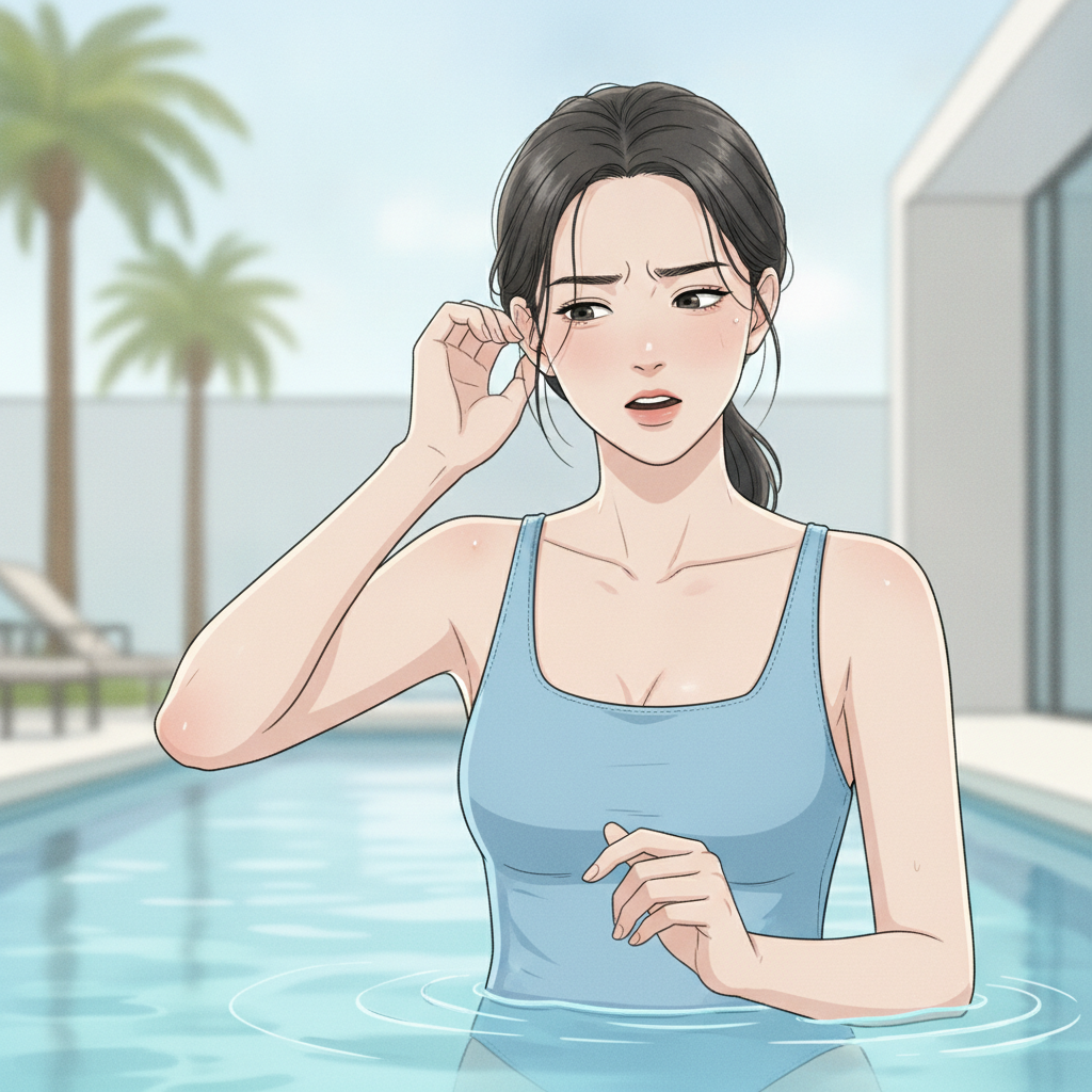 수영장 물가에서 고개를 기울여 한쪽 귀를 손으로 두드리며 불편한 표정을 짓고 있는 한국인 여성