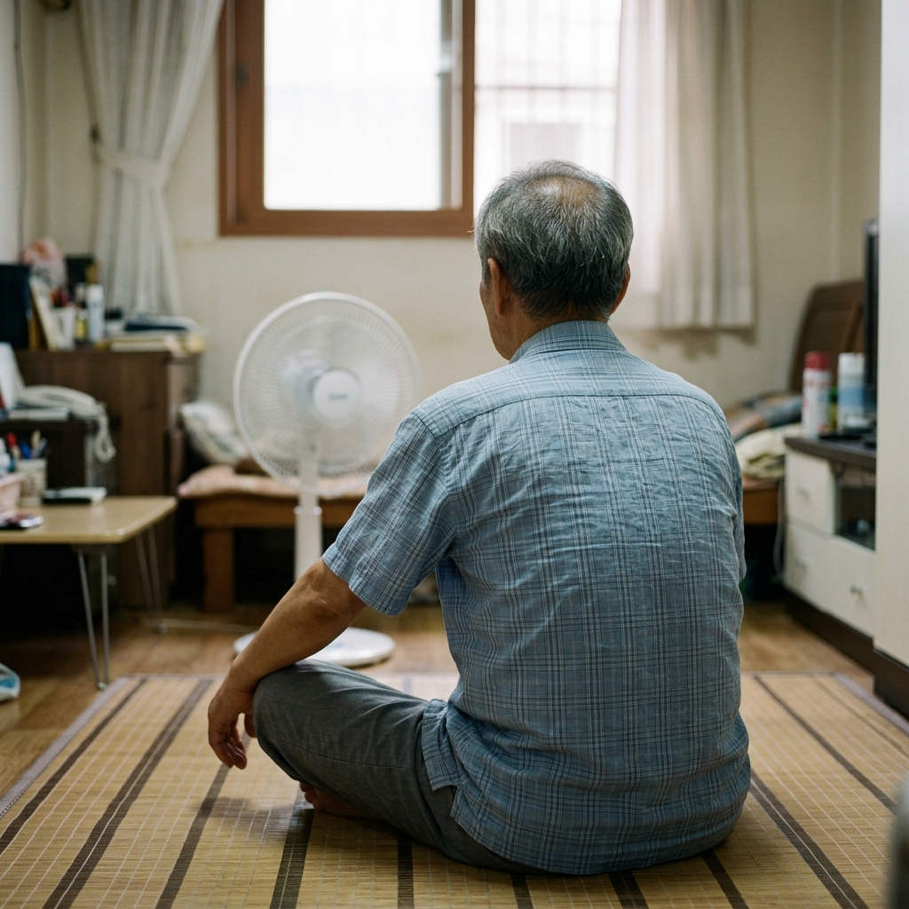 창문 닫힌 원룸에서 선풍기 앞에 혼자 앉아 있는 70대 남성의 뒷모습, 얇은 반팔 셔츠