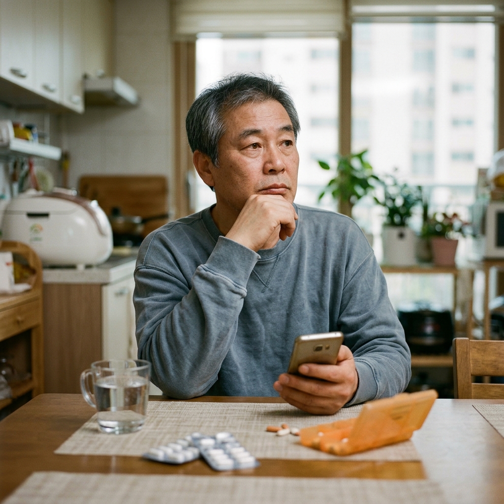 휴대폰 들고 멍하니 앉아 있는 60대 남성, 식탁 위 물컵과 약통, 밝은 실내