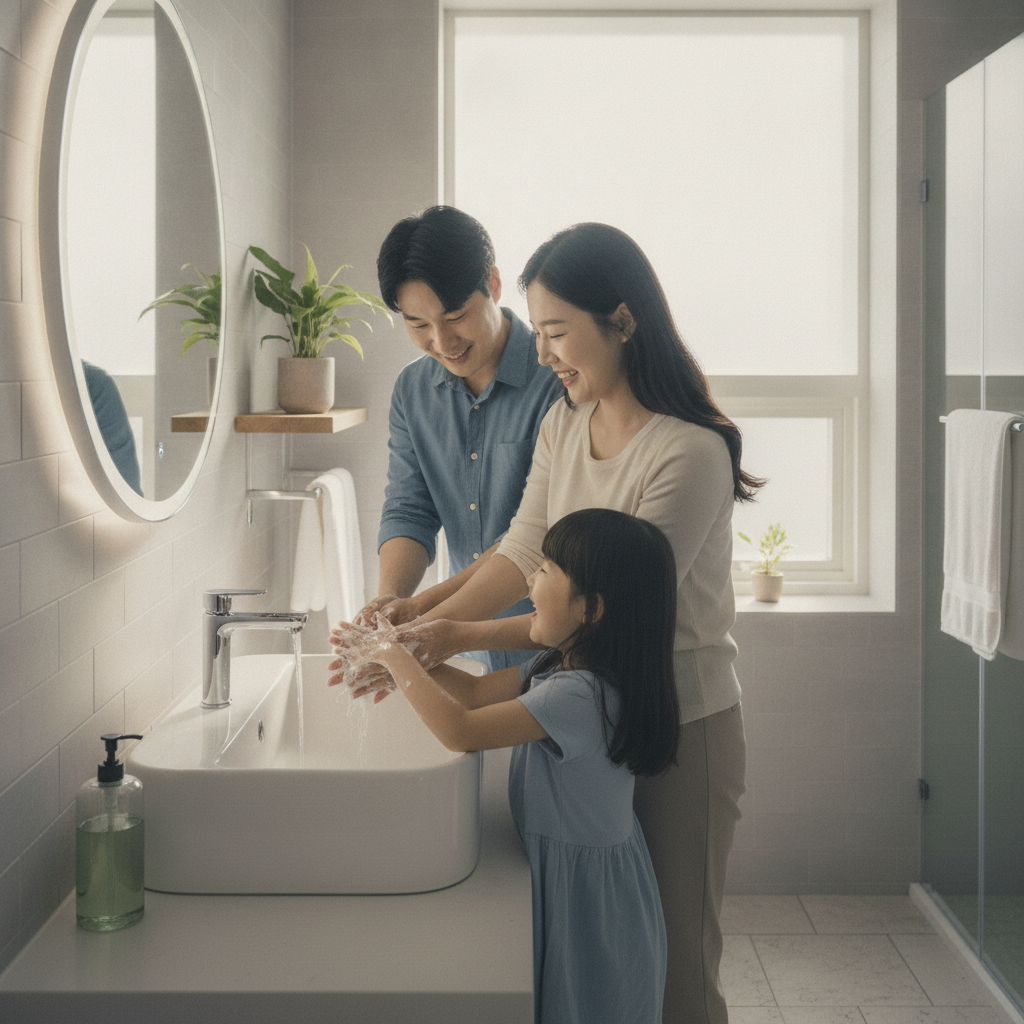 여름철 밝은 햇살 아래 집안 화장실에서 손을 깨끗이 씻는 한국인 가족의 모습, 자연스러운 일상 장면