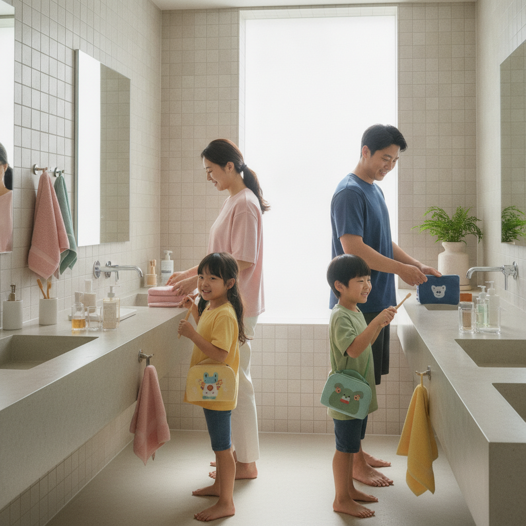 밝은 실내 공간에서 한국인 가족이 각자의 수건과 세면도구를 분리해 사용하는 모습, 깔끔하고 안전한 생활 장면
