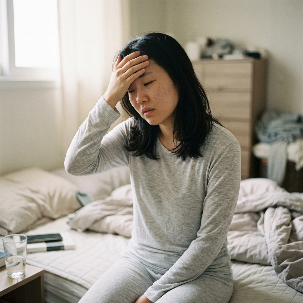 침대에서 일어나며 이마를 짚고 있는 20대 여성, 실내 자연광, 얇은 긴소매 파자마