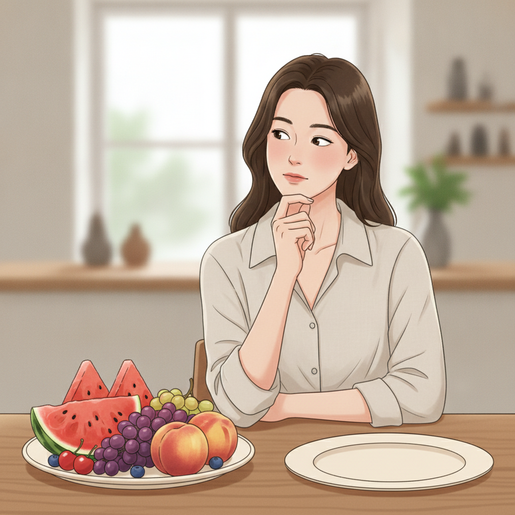 식탁 위에 수박, 포도, 복숭아 등 여러 종류의 신선한 과일이 담긴 접시와 빈 접시가 놓여 있고, 한국인 여성이 과일 접시를 바라보며 고민하는 표정을 짓고 있는 모습