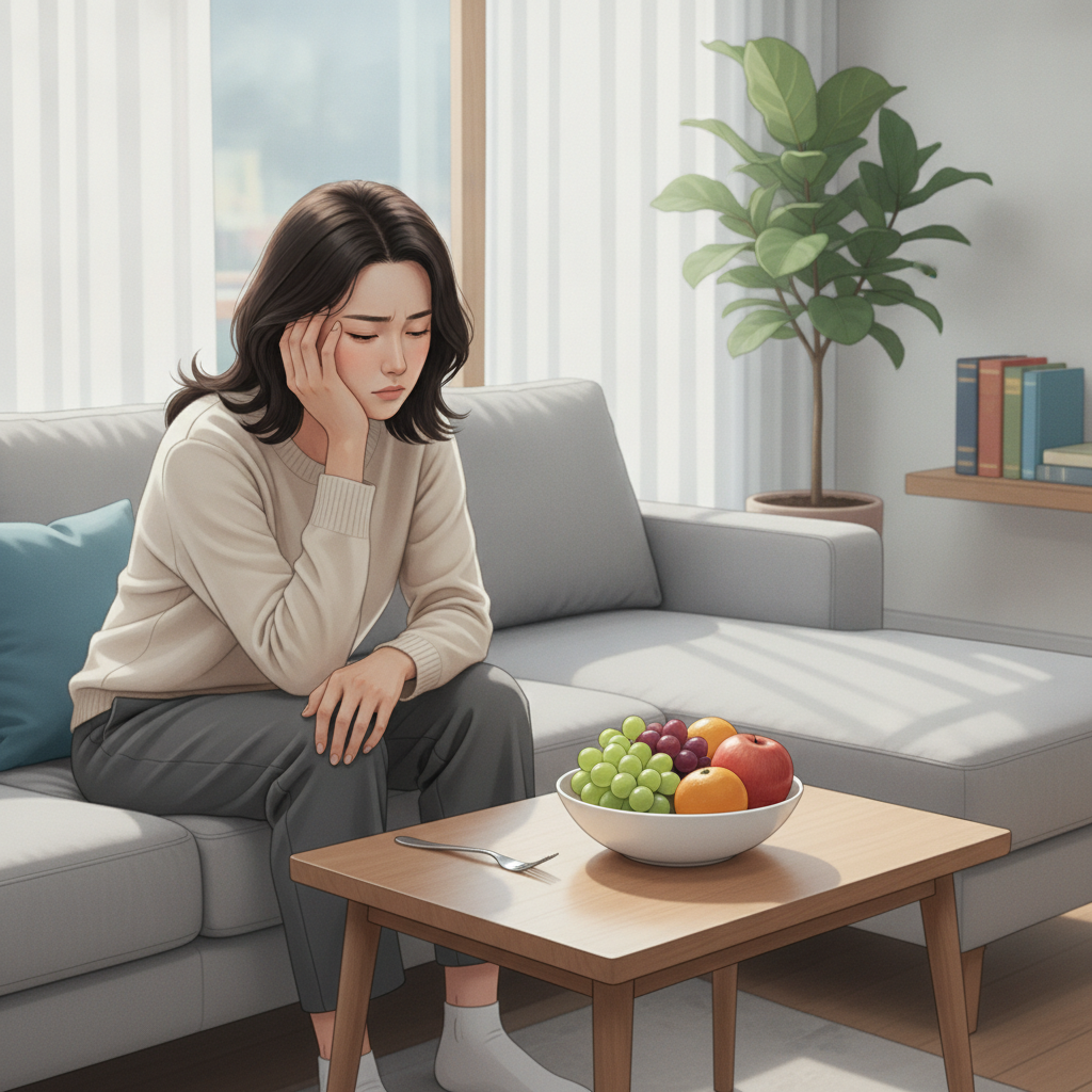 한국인 여성이 거실 소파에 앉아 피곤한 표정으로 머리를 짚고 있고, 옆 테이블에 과일 접시만 놓여 있는 모습