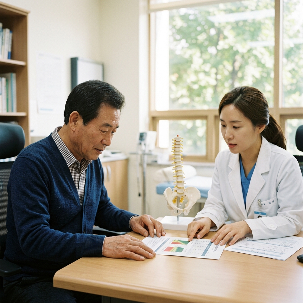 70대 남성이 병원 진료실에서 의료진과 골밀도 검사 결과지를 함께 보며 상담하는 모습, 책상 위에 척추 모형과 검사 서류가 놓여 있고 창밖으로 부드러운 자연광이 들어오는 차분한 실내