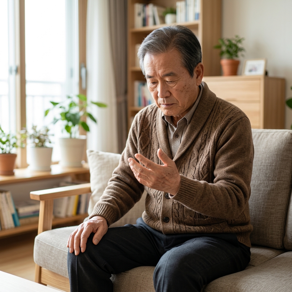 70대 남성이 거실 소파에 앉아 한쪽 손을 무릎 위에 가만히 올려둔 채 손떨림을 관찰하고 있는 모습, 자연광 아래 차분한 실내 배경
