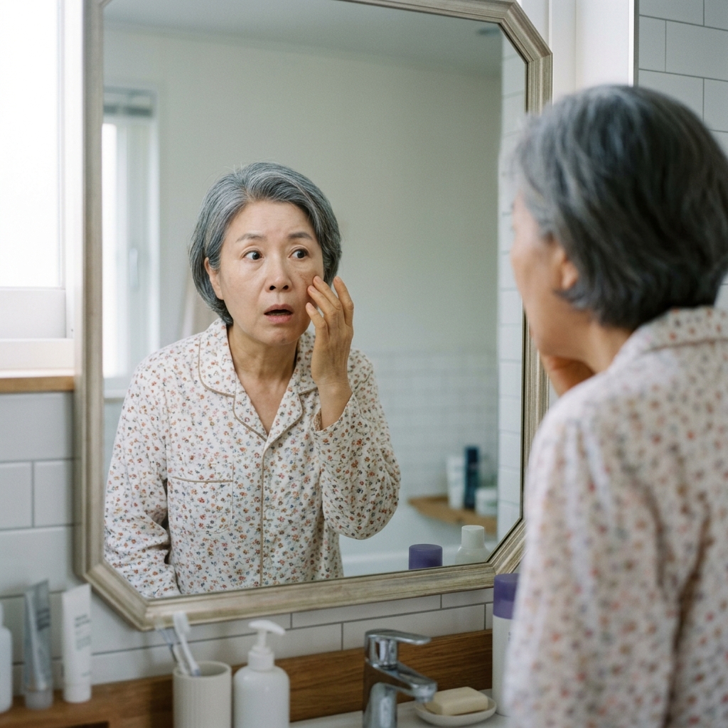 거울을 보며 한쪽 얼굴을 손으로 만지고 있는 60대 후반 여성의 놀란 표정, 실내 욕실 배경, 아침 자연광