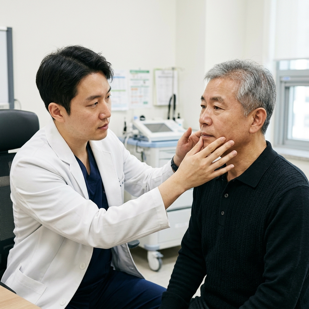 병원 진료실에서 의료진이 60대 후반 남성 환자의 얼굴 움직임을 확인하고 있는 장면, 실내 조명