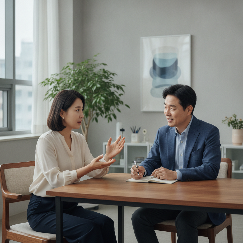 한국인 여성 환자가 신경과 의사와 진료실에서 대화하며 손 떨림에 대해 설명하는 장면, 자연스러운 실내 조명