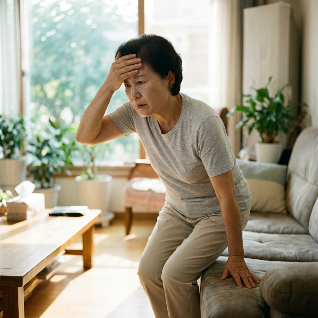 70대 여성이 거실 소파에서 일어서다가 손으로 이마를 짚으며 균형을 잡으려는 모습, 옅은 회색 반팔 셔츠와 연한 베이지 면바지 착용, 창밖으로 여름 오후 햇살이 들어옴