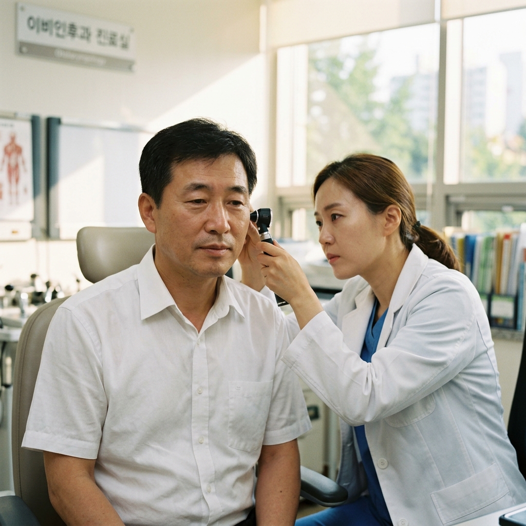 중년 남성이 병원 진료실에서 의사에게 귀 검사를 받는 모습, 흰색 반팔 셔츠 착용, 의사가 이경으로 귀 내부를 확인 중, 진료실 창밖으로 여름 오후 빛이 보임