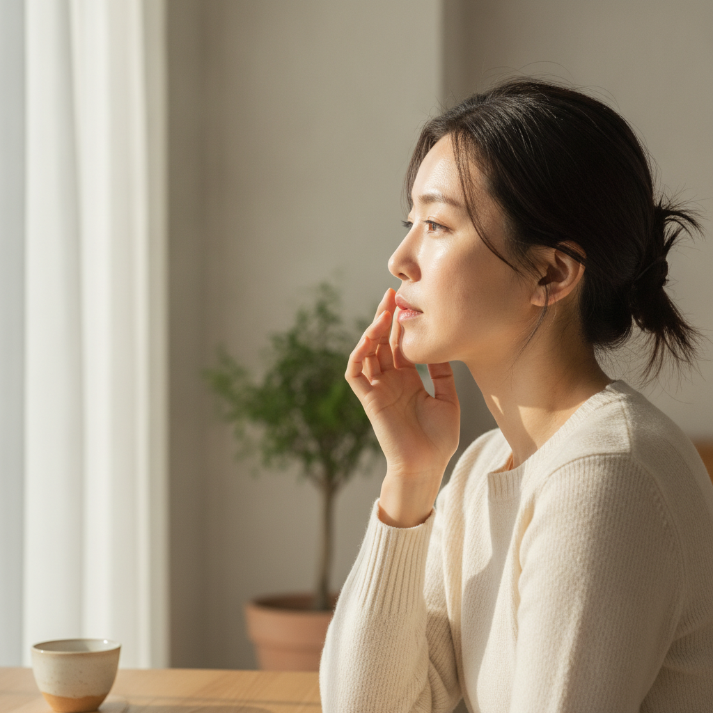 햇볕 아래 얼굴에 손을 대고 기미를 확인하는 한국인 여성의 측면 모습, 자연광 아래 실내