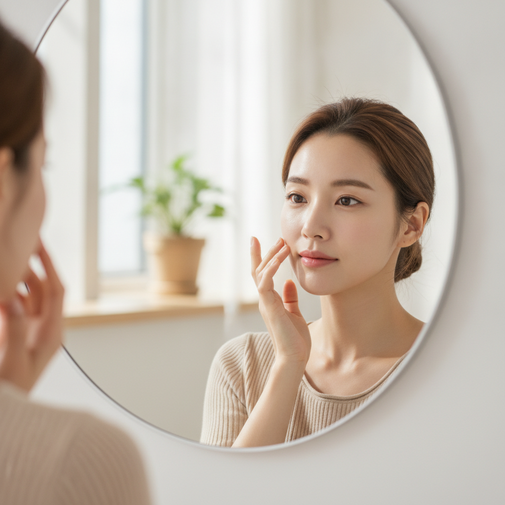 차분한 표정으로 거울을 보며 피부 상태를 체크하는 한국인 여성, 밝은 자연광 실내 배경