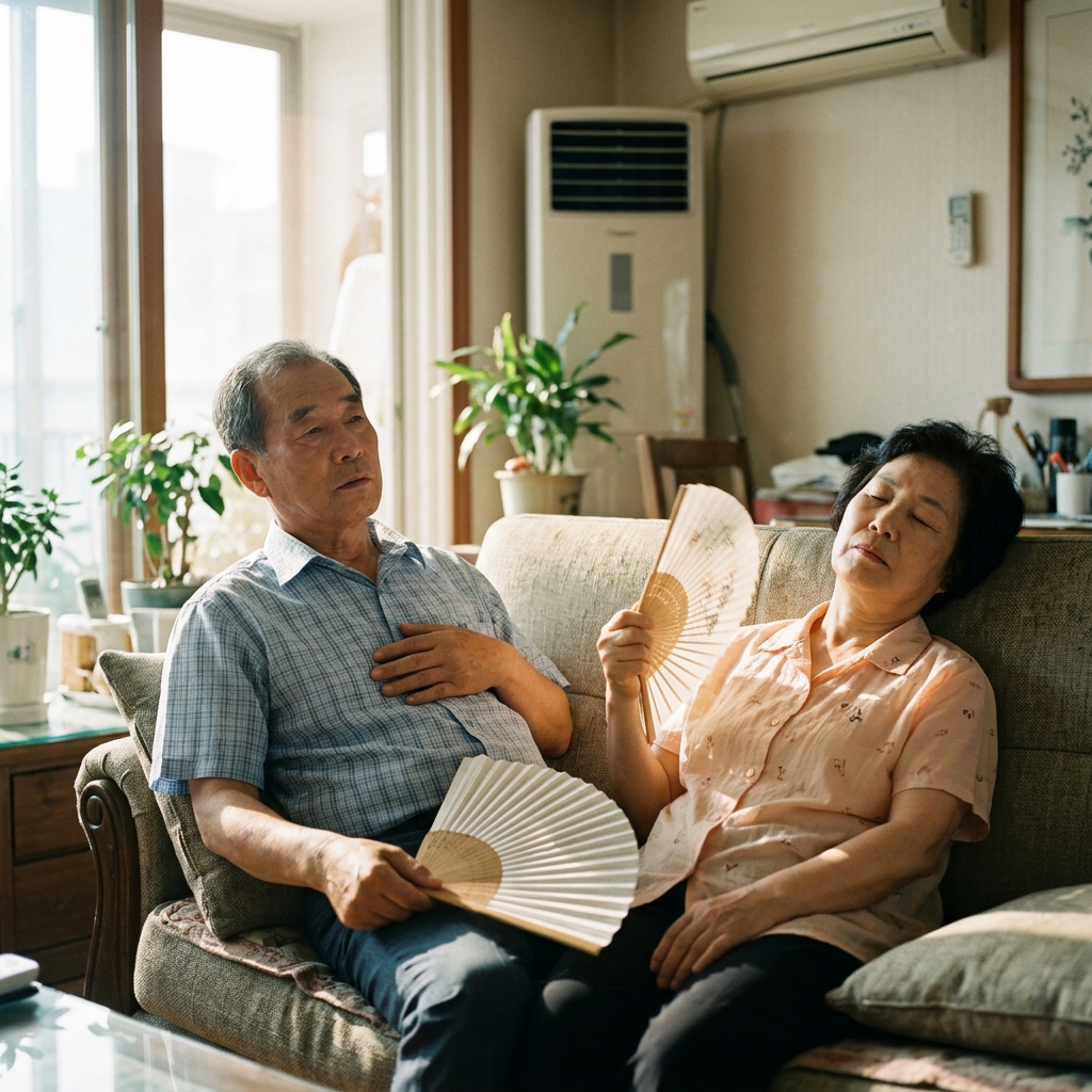 70대 부모님이 거실 소파에 앉아 손부채를 들고 힘없이 기대어 있는 모습, 창밖으로 여름 햇살이 강하게 들어오는 실내