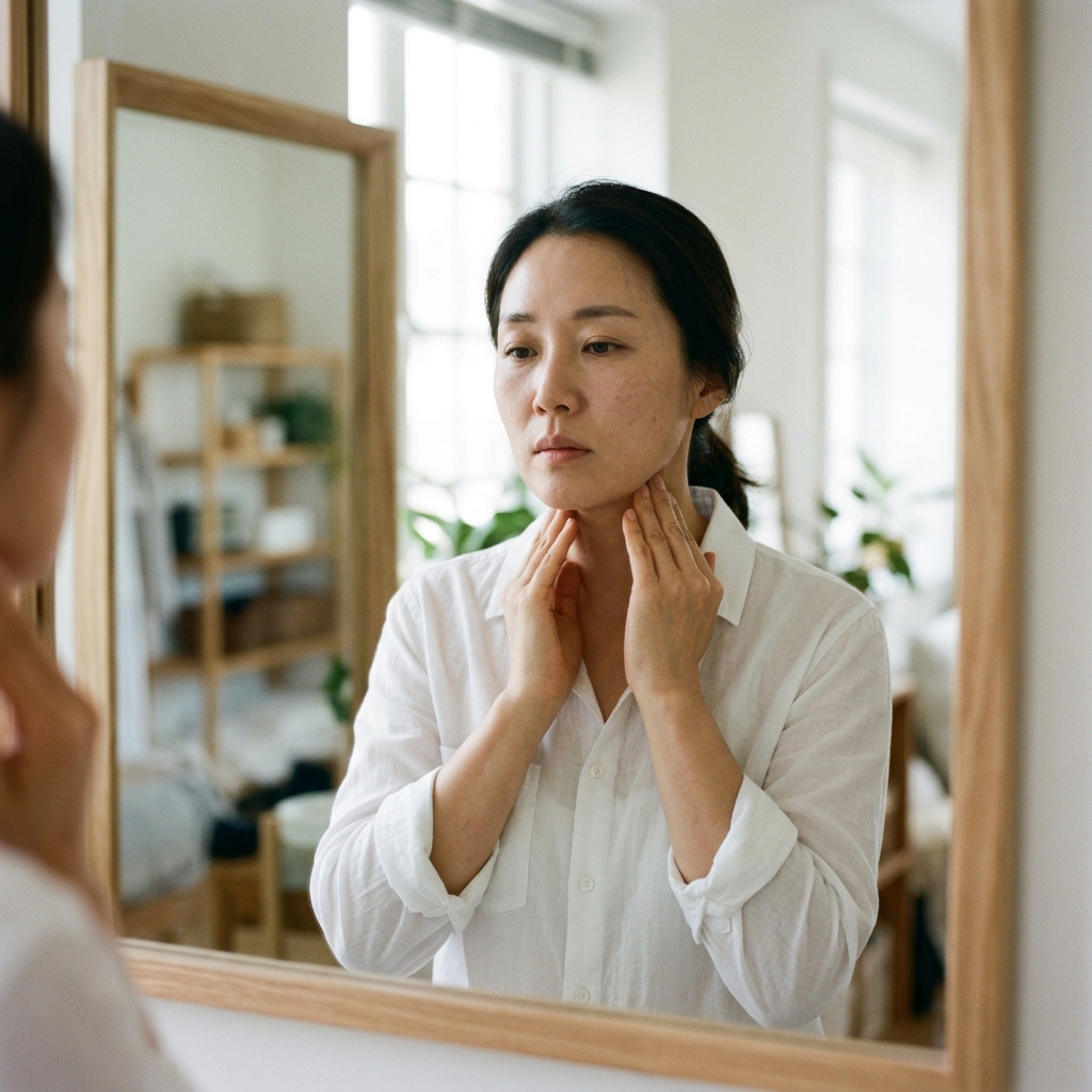 거울 앞에서 목 부위를 만져보며 확인하는 40대 여성, 얇은 흰색 셔츠 착용, 자연광이 비치는 실내