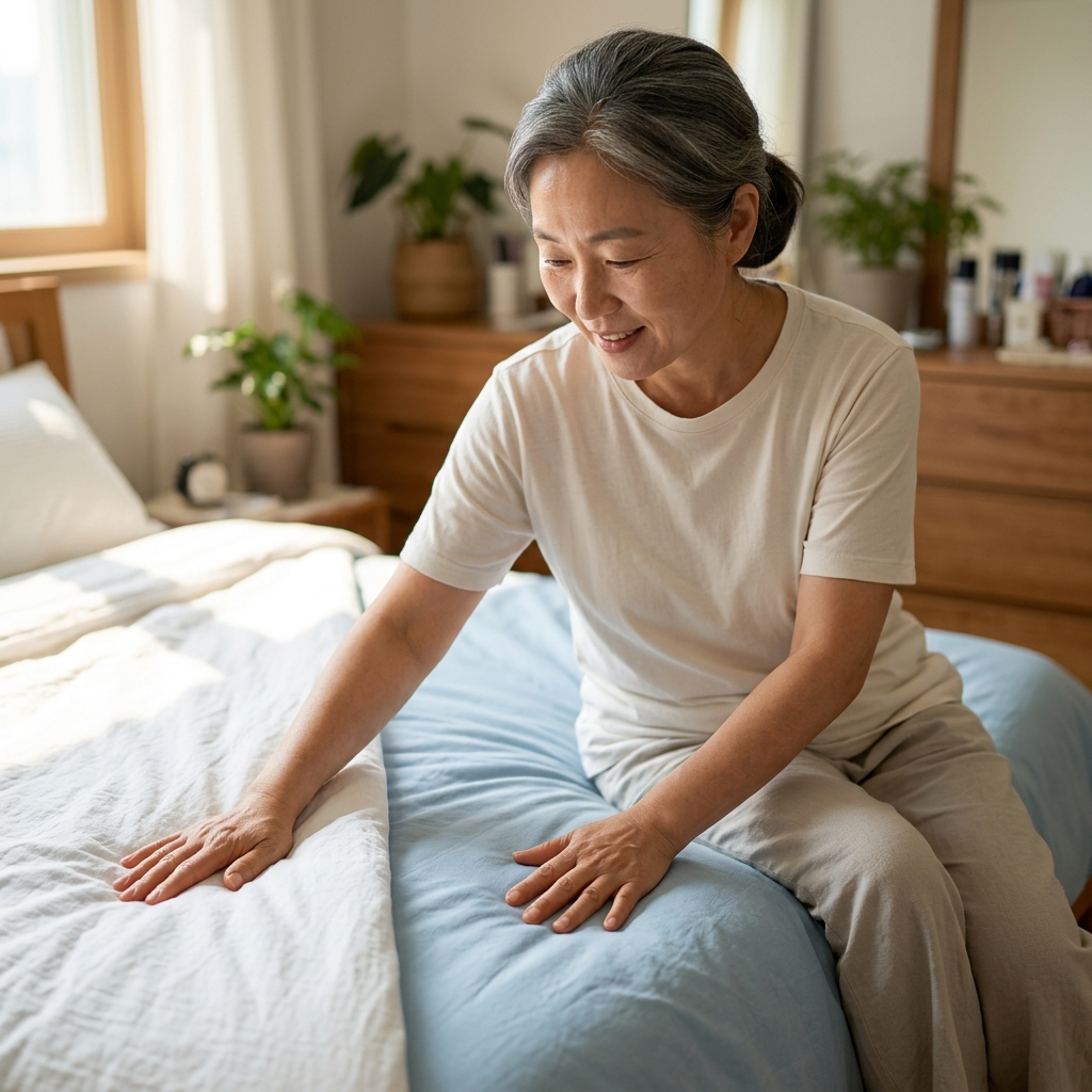50대 여성이 밝은 침실에서 흰색 면 이불과 연한 파란색 기능성 침구를 나란히 펼쳐두고 손으로 만지며 비교하는 모습