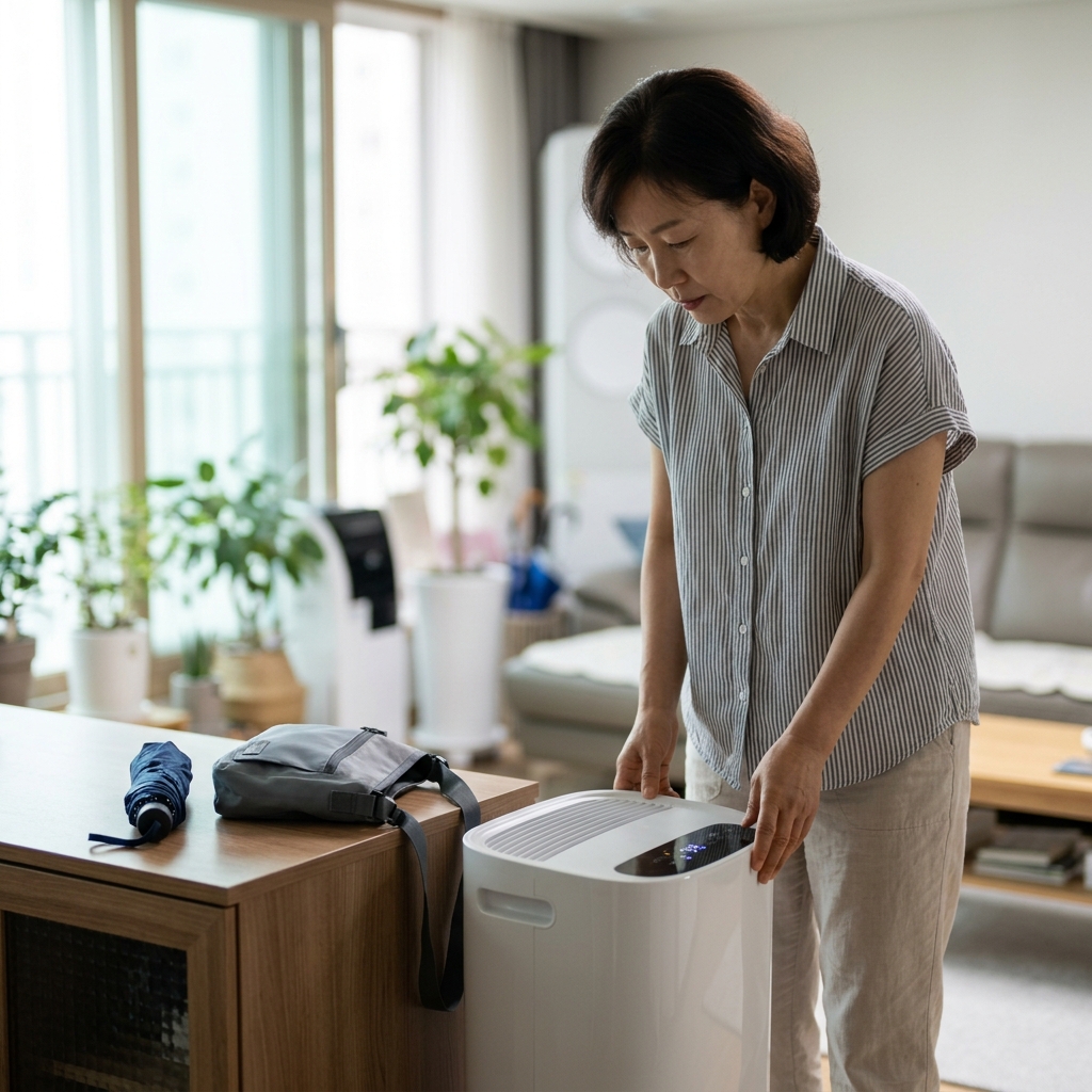 50대 중반 여성이 거실에서 제습기를 확인하고, 옆 탁자에 접이식 우산과 방수 가방이 놓여 있는 여름철 실내 장면