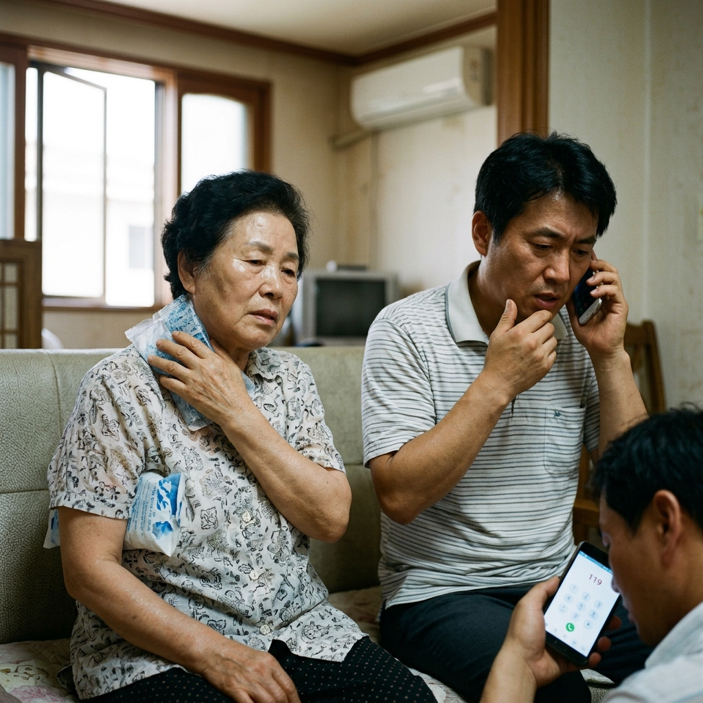 여름철 실내에서 얼음주머니를 목과 겨드랑이에 대고 있는 70대 한국인 시니어와 보호자가 119에 전화하는 장면