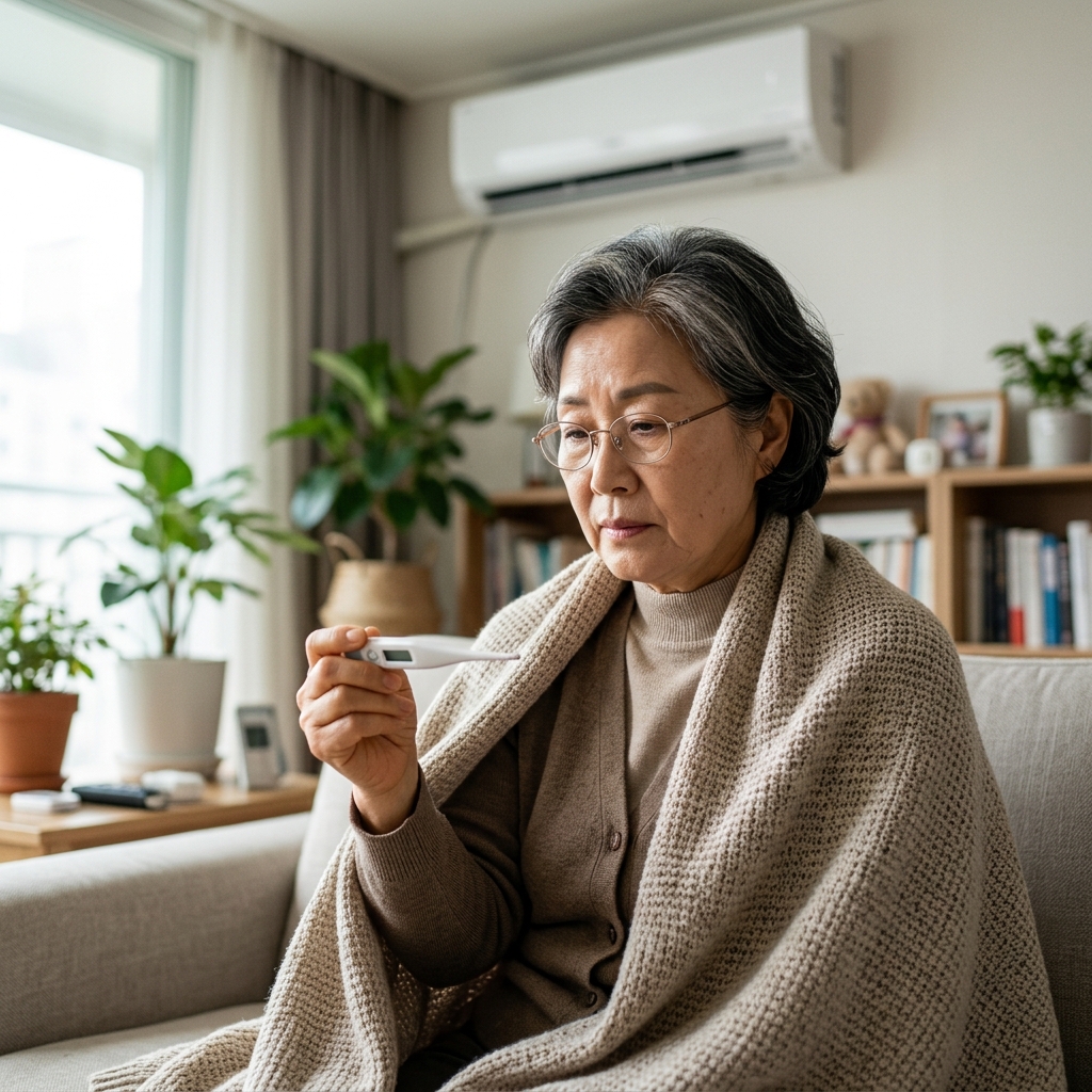 에어컨 앞에서 담요를 덮고 앉아 체온계를 확인하는 60대 후반 한국인 여성의 모습, 자연광, 실내 거실 배경