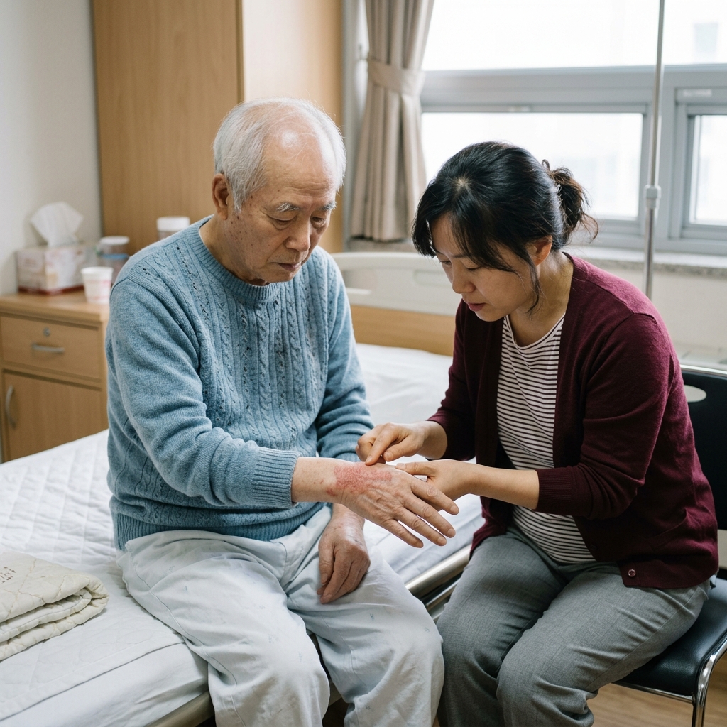 요양원 침대에서 손목과 손가락 사이 붉은 발진을 살피는 70대 어르신과 보호자의 모습