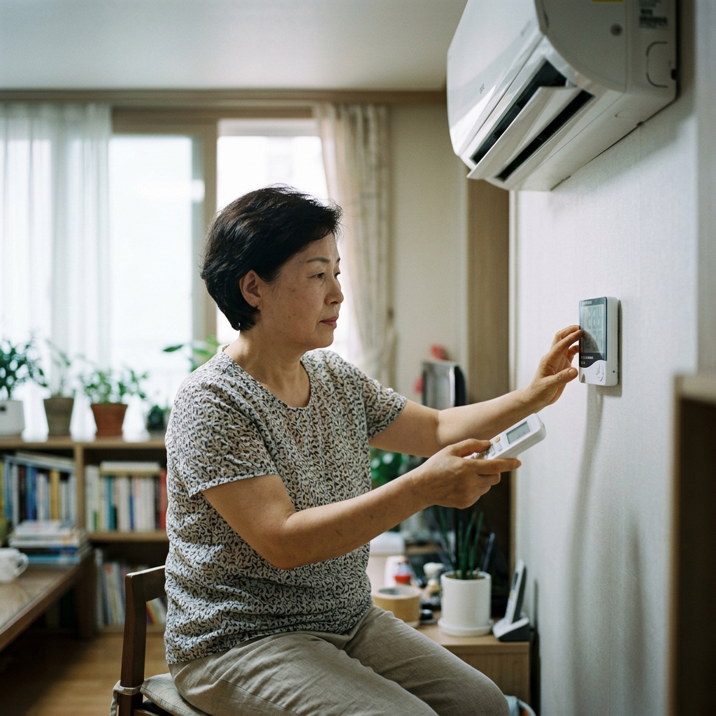 60대 여성이 실내 온도계를 확인하며 에어컨 리모컨을 조작하는 장면