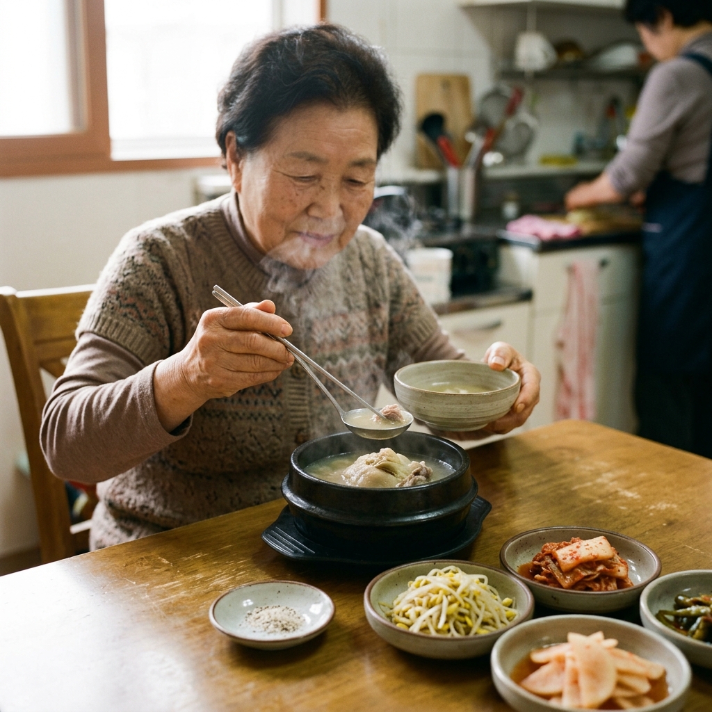 밝은 식탁 위에 놓인 삼계탕 한 그릇과 국물을 떠내는 국자, 부드러운 자연광 아래 김이 모락모락 나는 모습