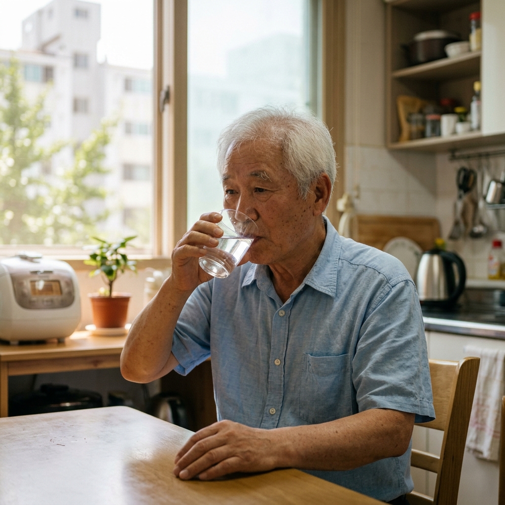 밝은 색 반팔 셔츠를 입은 70대 노인이 실내 식탁에서 투명한 유리컵에 담긴 미지근한 물을 천천히 마시는 모습, 창밖으로 여름철 햇빛이 비치는 배경