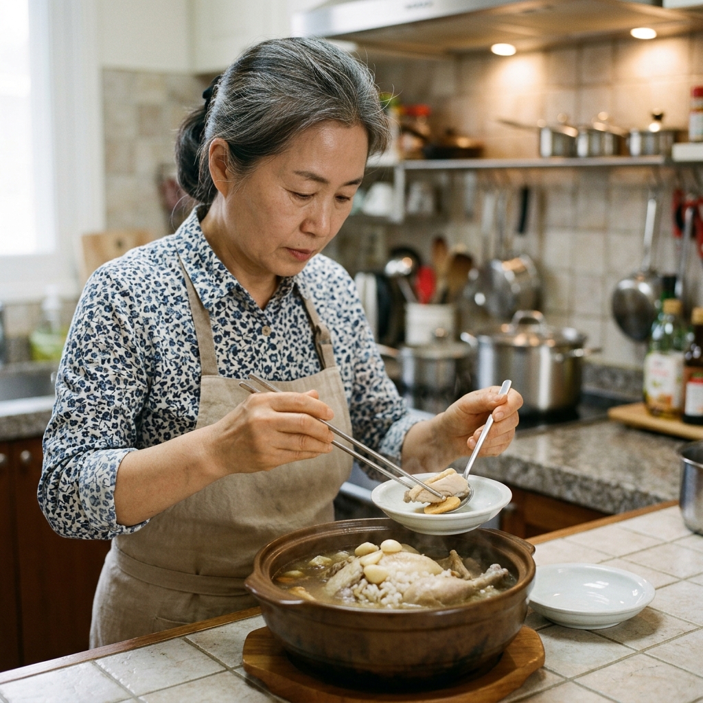 50대 후반 중장년 여성이 주방에서 삼계탕 그릇 옆에 작은 접시를 놓고 닭고기와 인삼을 건져내는 모습, 밝은 실내 조명