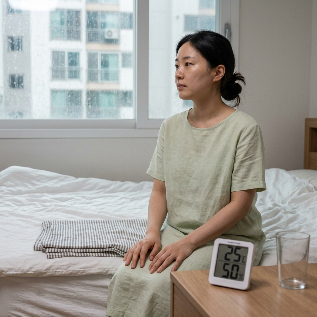 침대 옆 탁자 위에 놓인 실내 온습도계가 25도, 습도 50퍼센트를 가리키고 있으며 창가로 빗줄기가 보이는 여름 실내, 담요가 침대 곁에 정돈되어 있는 모습