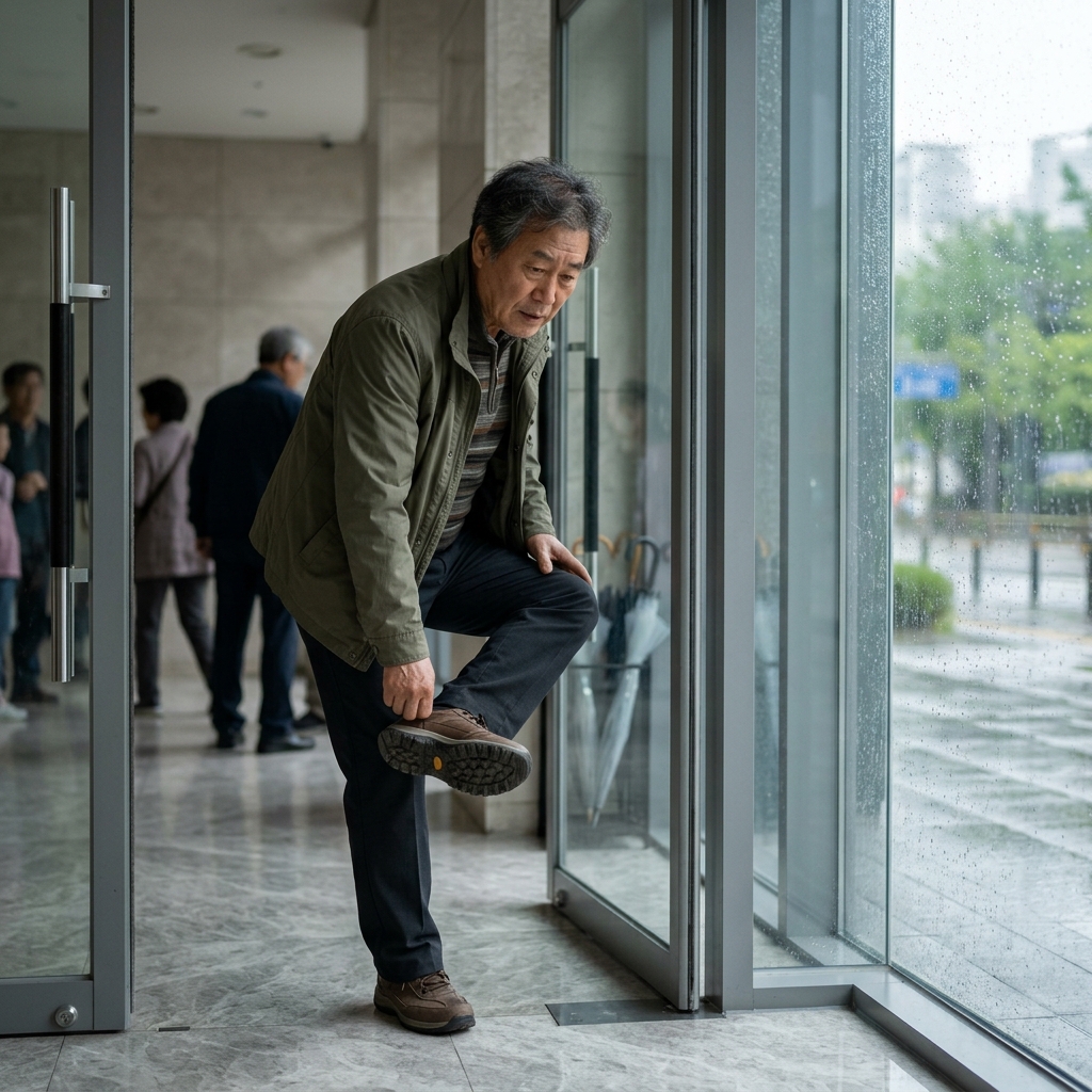 60대 후반 남성이 실내 대리석 바닥 입구에서 신발 밑창을 확인하는 모습, 빗방울이 창 밖으로 보이는 장면