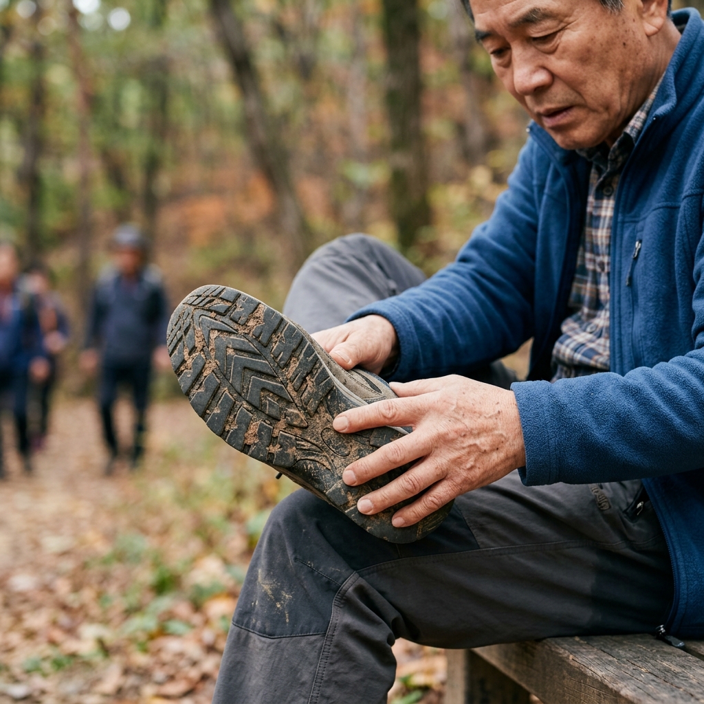 신발 밑창을 가까이서 촬영한 장면, V자 패턴과 깊은 홈이 선명하게 보이는 고무 밑창