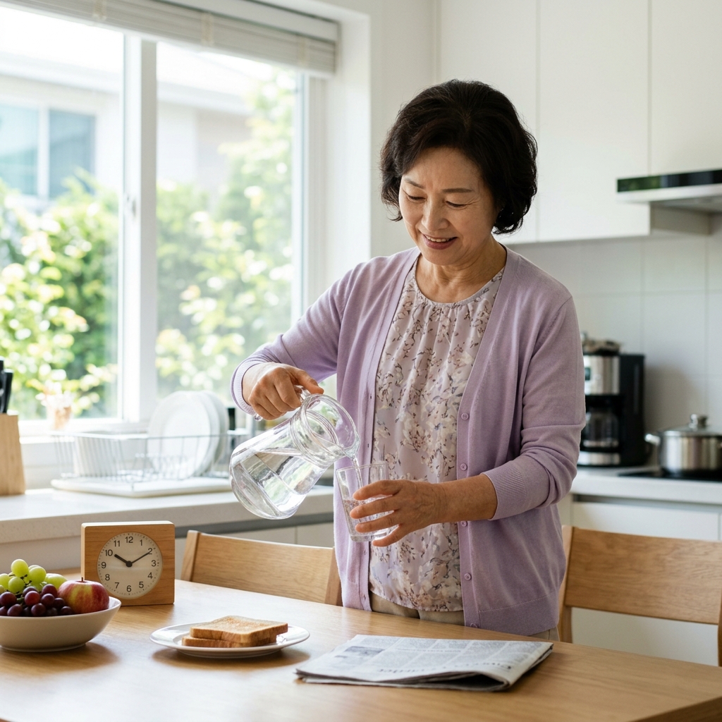 밝은 주방에서 가벼운 카디건을 입은 60대 여성이 투명한 물컵에 물을 따르는 모습, 창밖으로 여름 햇살이 들어오고 식탁 위에 시계가 보임