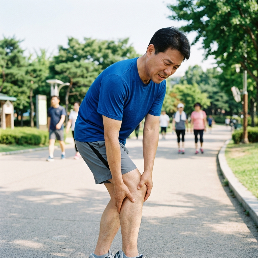 맑은 여름 하늘 아래 공원에서 반소매 운동복을 입고 조깅하던 중 종아리를 잡고 멈춰 선 중년 남성
