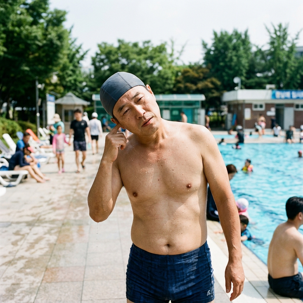 수영장에서 나와 귀를 손으로 막고 물기를 빼내려는 중년 남성의 모습, 배경에 여름철 야외 수영장과 밝은 햇빛