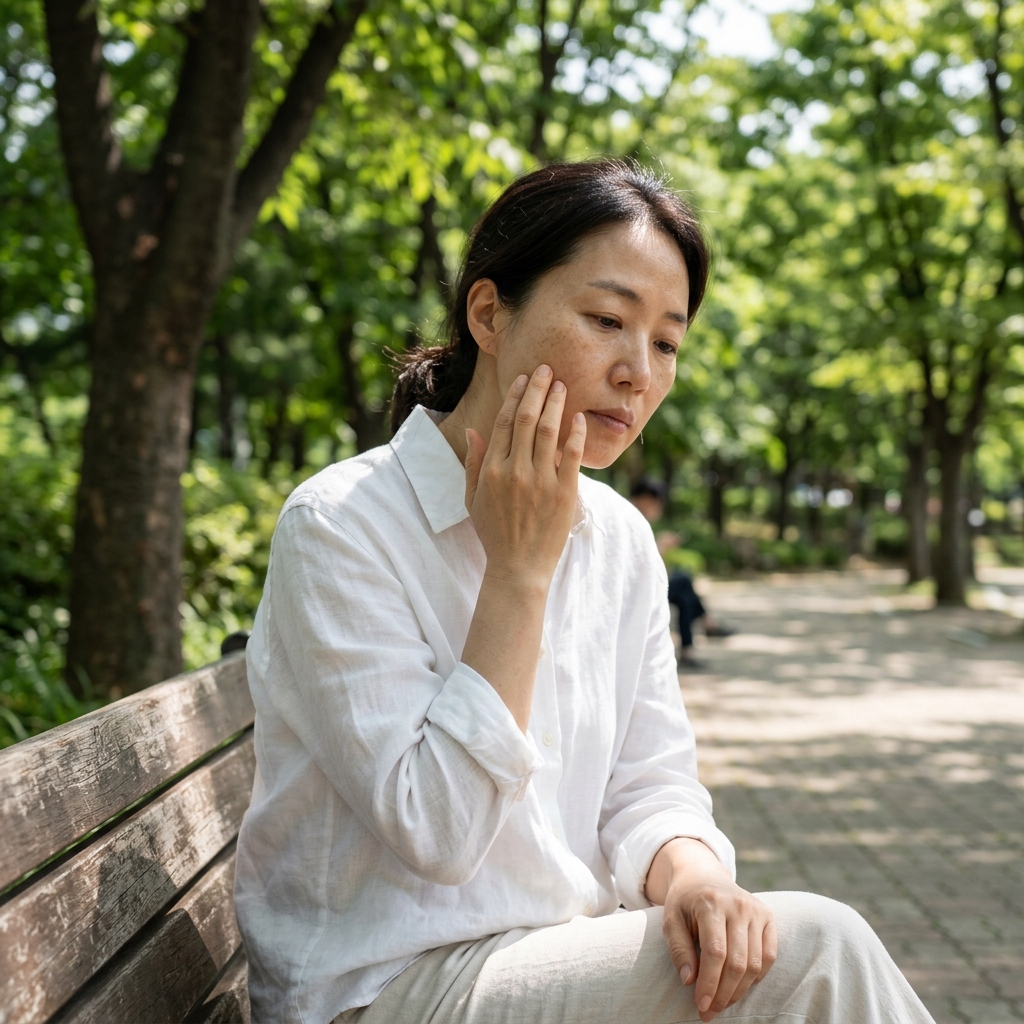 여름 오전 야외 공원 벤치에 앉아 얼굴에 손을 대고 피부 상태를 확인하는 40대 여성, 밝은 자연광 아래 긴소매 흰 셔츠 차림, 배경에 푸른 나무와 햇빛