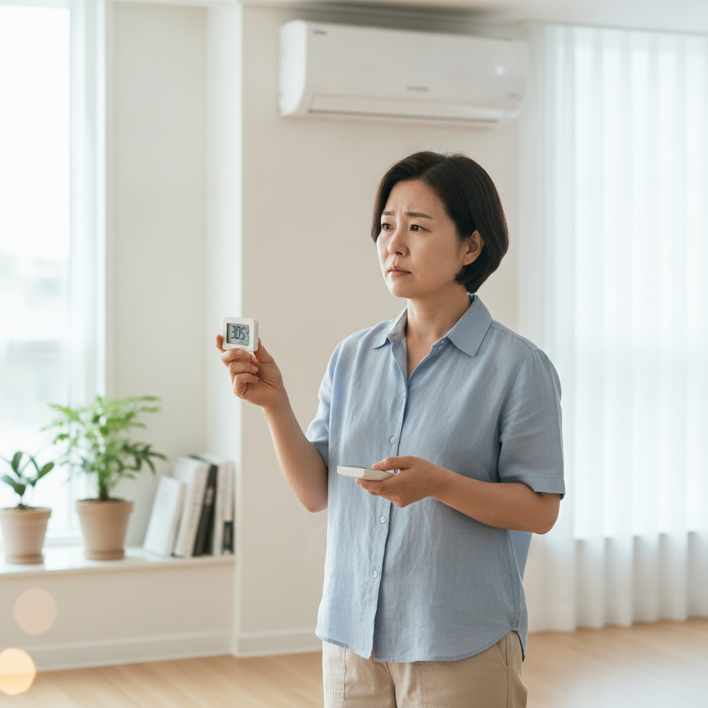 온도계와 에어컨 리모컨을 손에 든 중년 여성이 실내 온도를 확인하는 장면