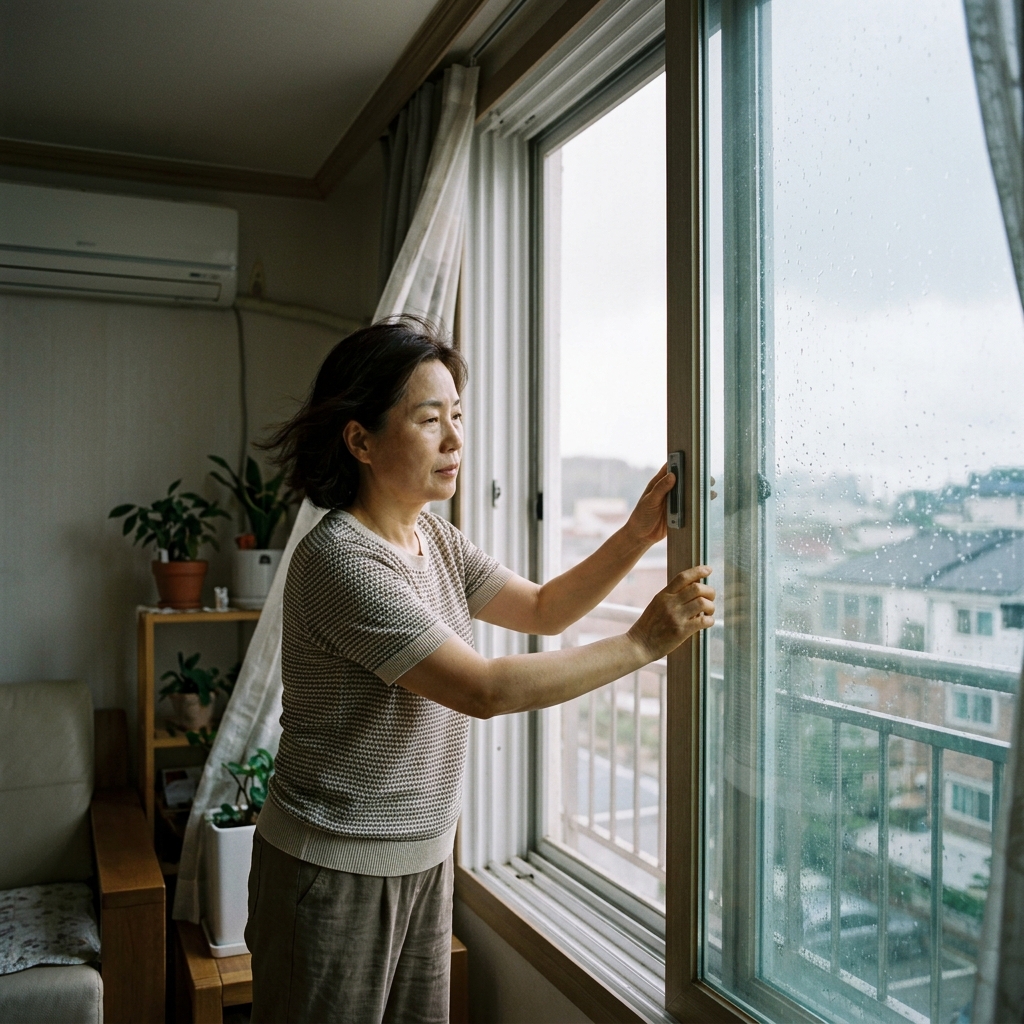 장마철 창문을 열고 실내 환기를 하는 중년 여성의 모습, 젖은 유리창과 흐린 하늘이 보이는 실내 공간