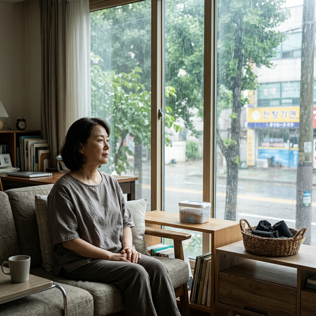 장마철 습한 실내 거실에서 제습제 통과 숯 바구니를 각각 배치한 모습, 창밖으로 비 오는 풍경