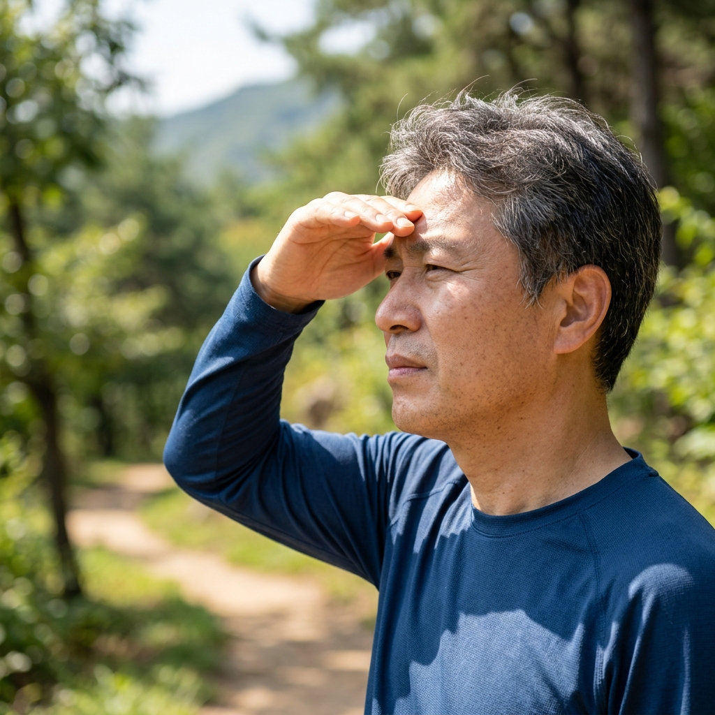 야외에서 선글라스 없이 햇빛을 쬐며 눈을 가리는 중년 남성의 측면 모습