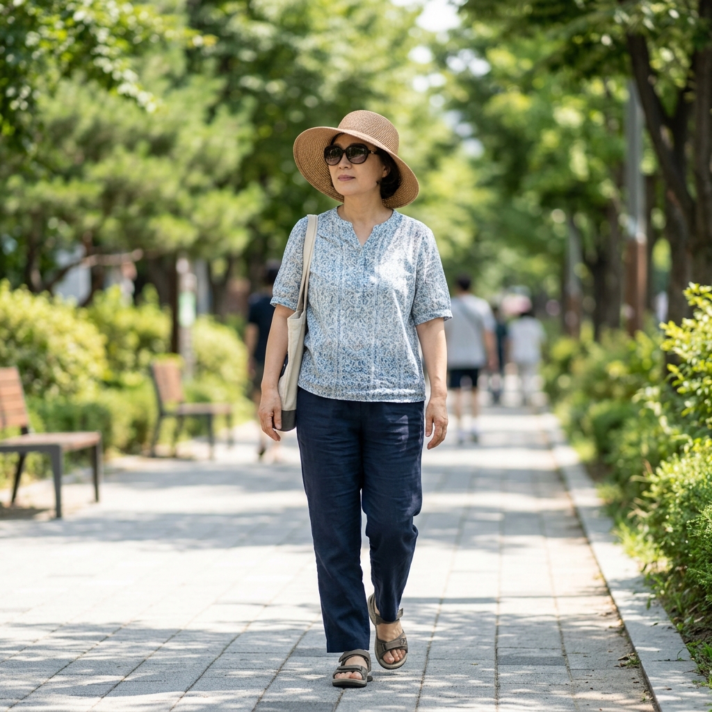 챙이 넓은 모자를 쓰고 자외선 차단 선글라스를 착용한 중년 여성이 밝은 야외를 걷는 모습