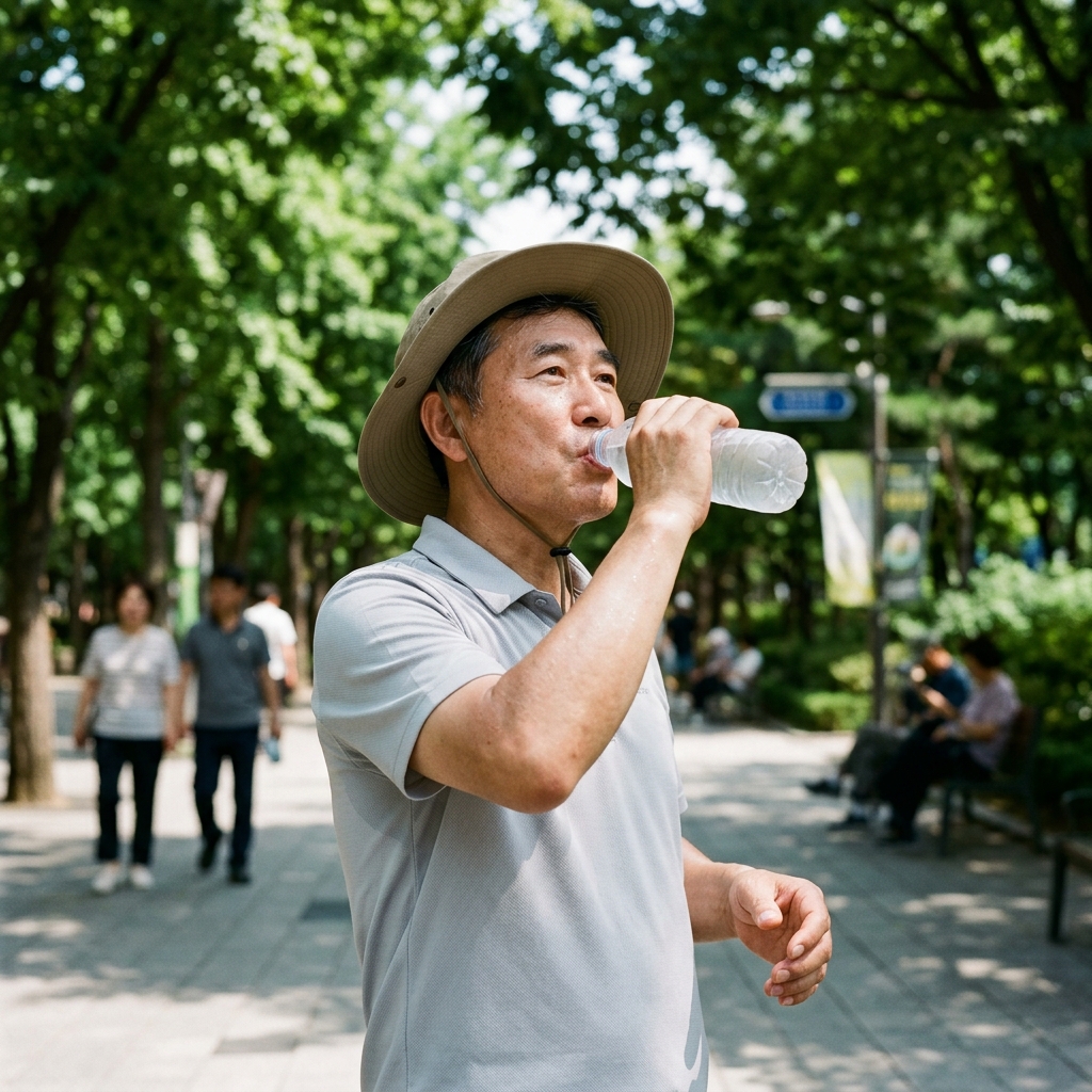 한여름 야외에서 모자를 쓴 중년 남성이 투명한 물병을 들고 물을 마시는 모습, 햇볕이 강한 오후 배경