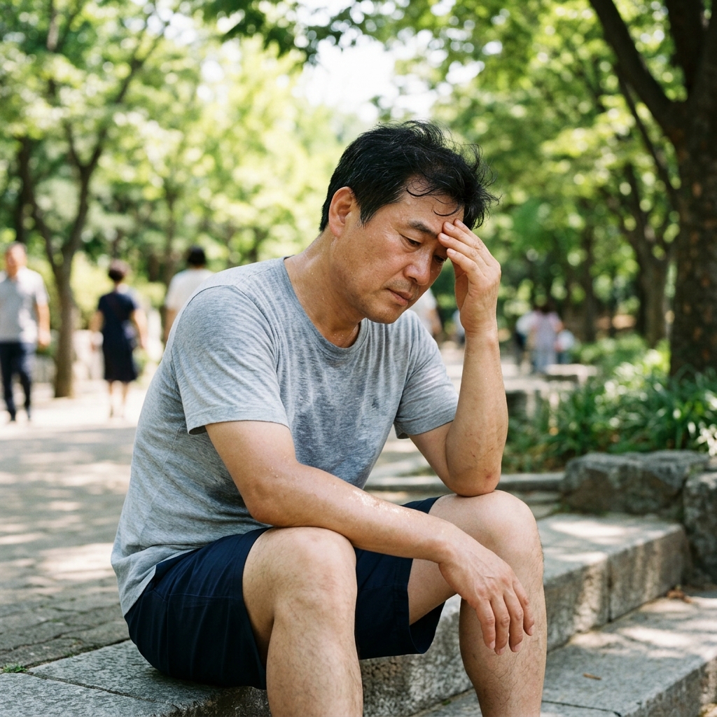 야외에서 땀을 흘리며 손으로 이마를 짚고 앉아 있는 중년 남성의 모습, 자연광 아래 더운 여름 날씨