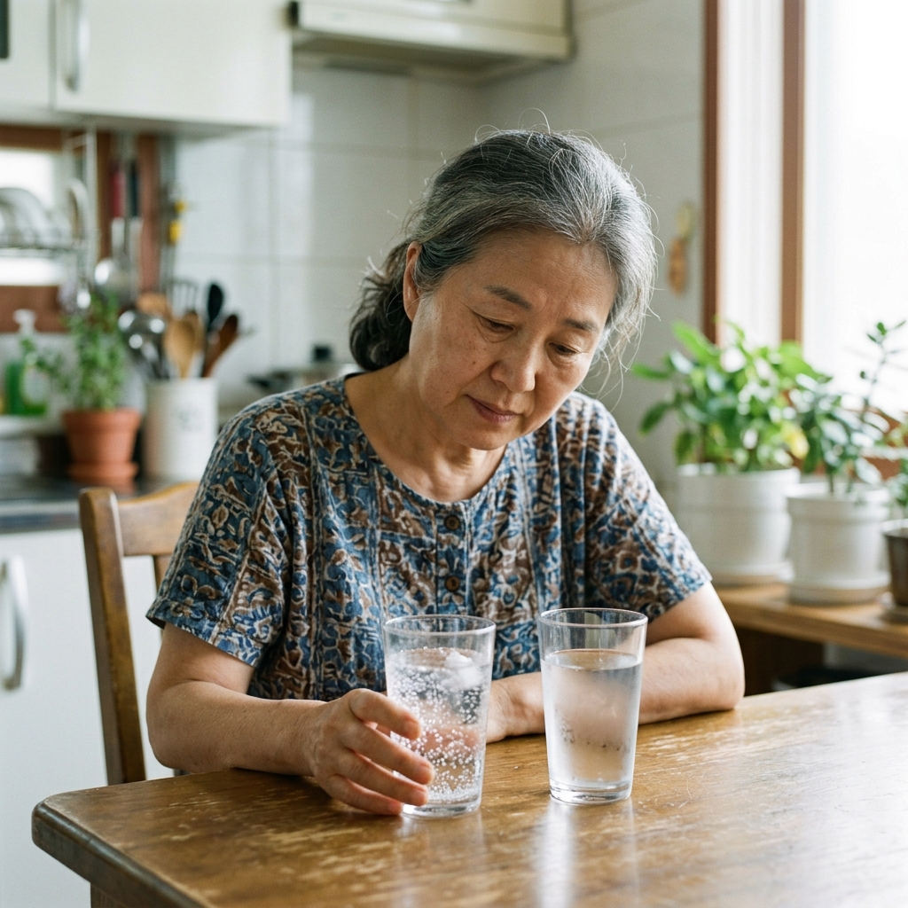 투명한 유리잔에 담긴 탄산수와 일반 물을 나란히 놓고 비교하는 모습, 자연광 아래 주방 테이블