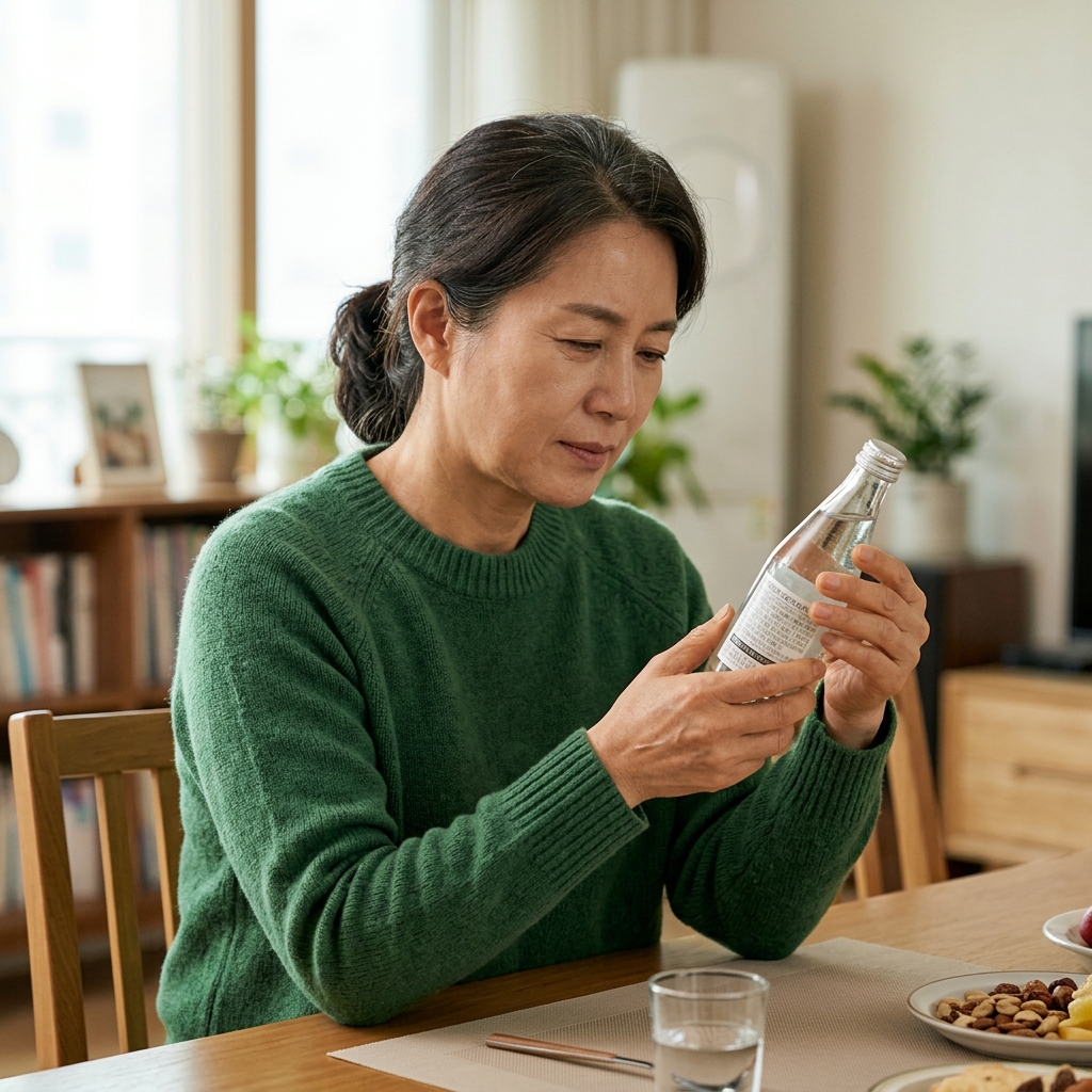 50대 중반 여성이 식탁에서 탄산수 라벨을 확인하며 성분표를 살피는 모습, 밝은 실내